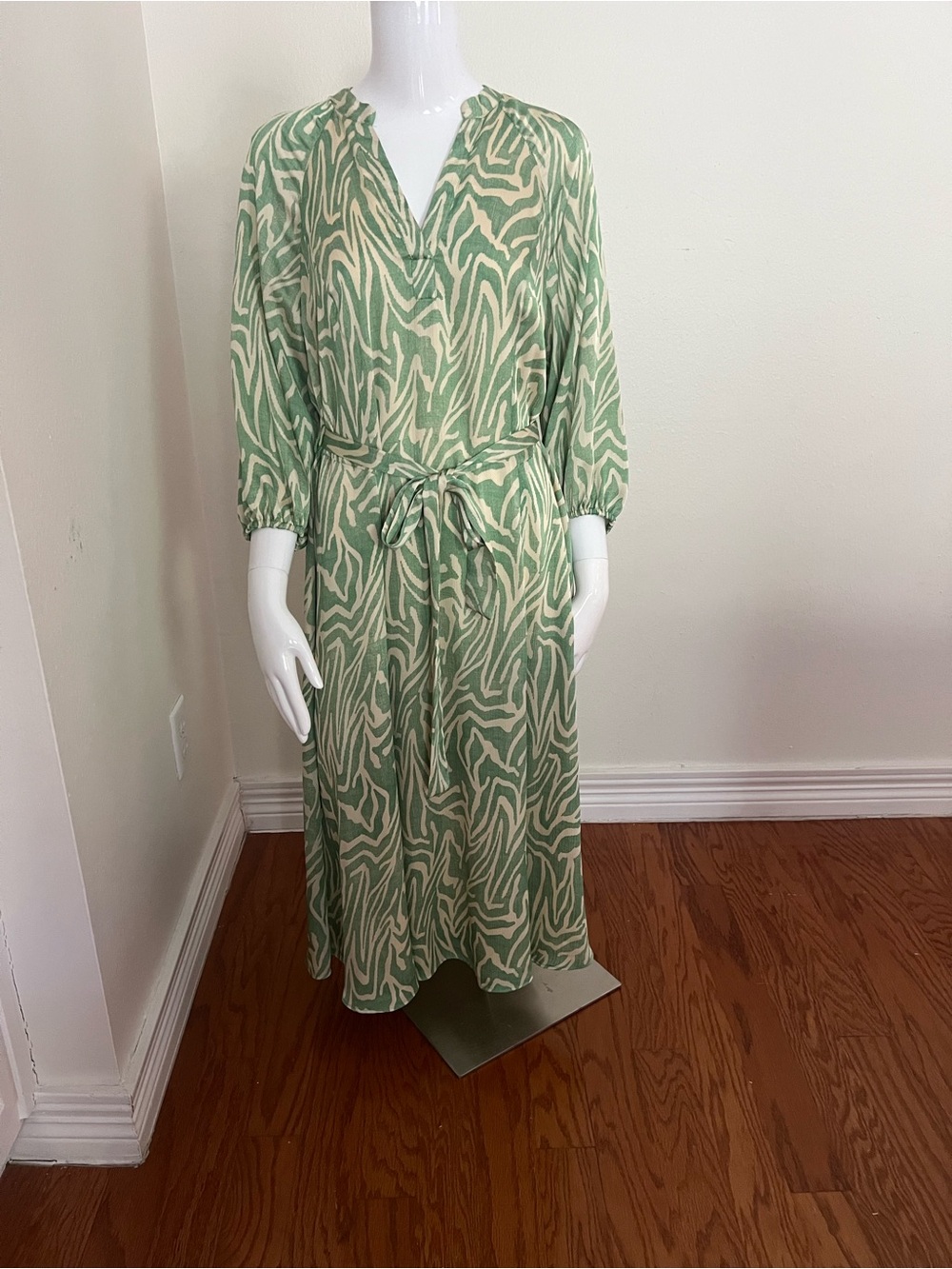 Vince Camuto Sage and Cream Abstract Tie-Front Maxi Dress